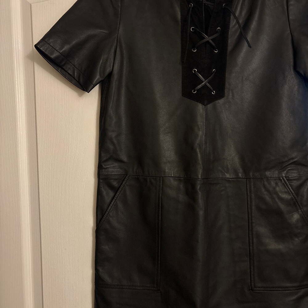 Black leather lined dress just below knee supple lamb leather size 36 or M new!